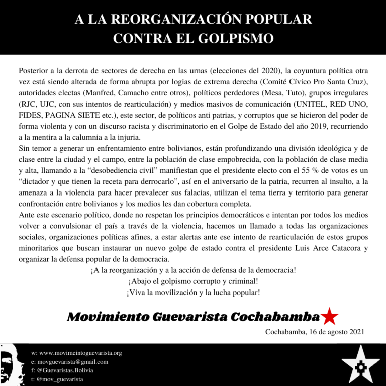 #ComunicadoA la reorganización popular contra el golpismo#MovimientoGuevarista #Cochabamba